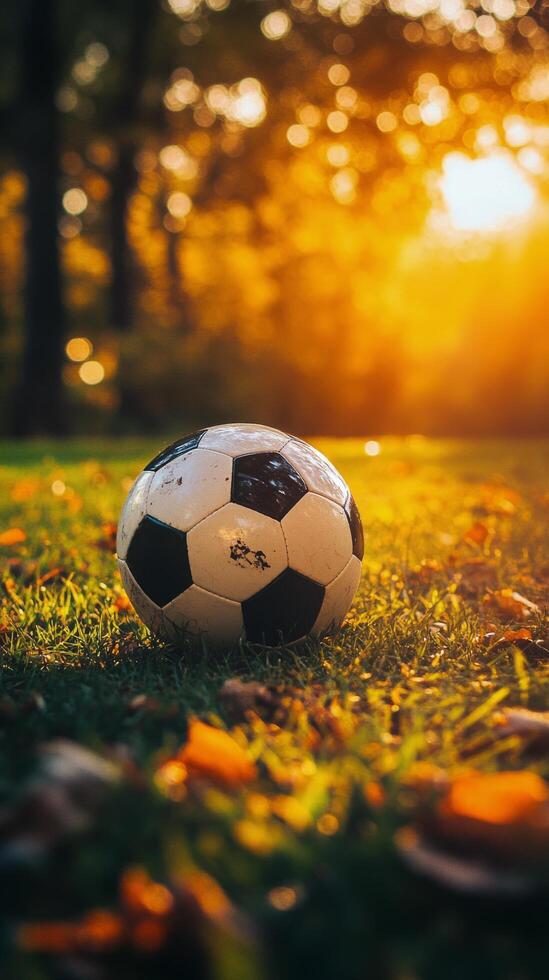 A soccer ball rests on colorful leaves as sunlight creates a warm golden atmosphere photo