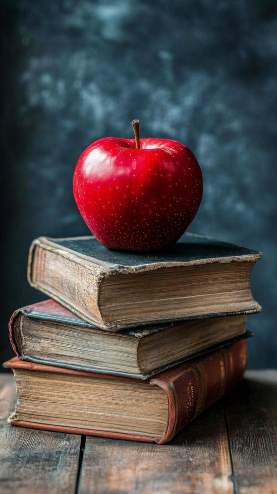 Red apple resting on vintage books stacked on a wooden table in a cozy reading nook photo