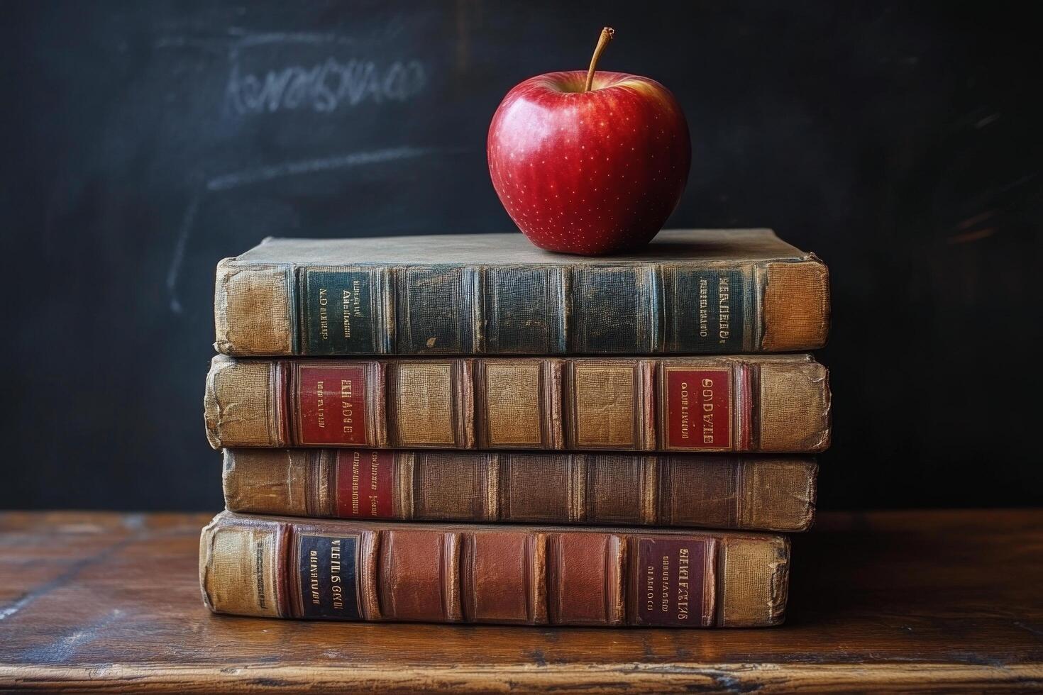 An apple resting on vintage books stacked on a wooden surface against a dark backdrop photo