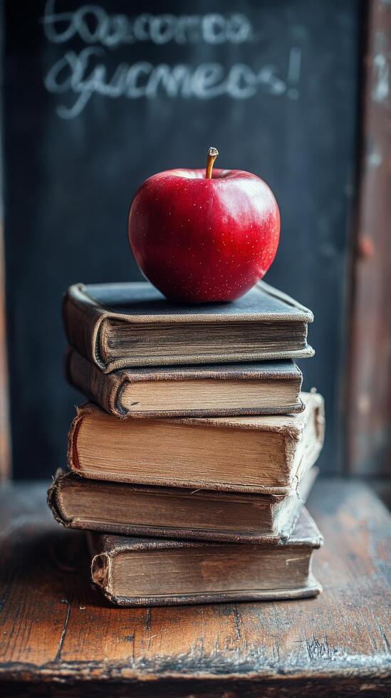 Red apple resting on vintage books stacked on a wooden table in a cozy reading nook photo