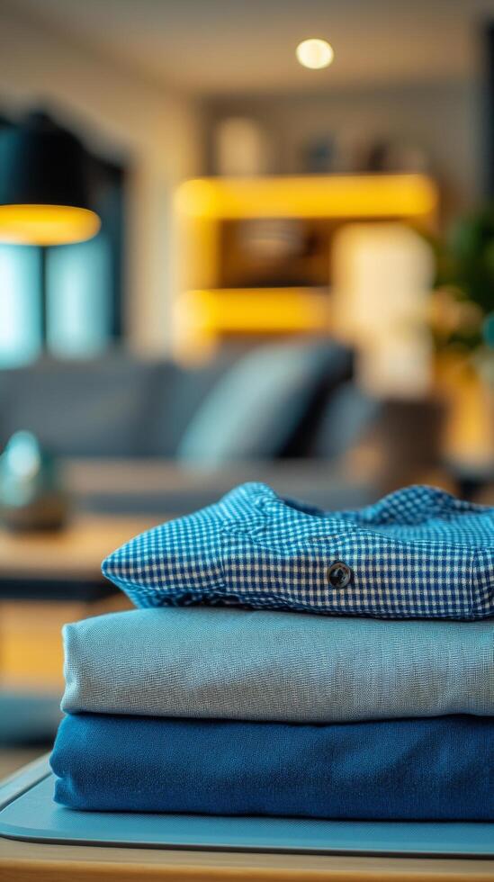 A stack of neatly folded fabrics in a cozy living room with a warm atmosphere photo