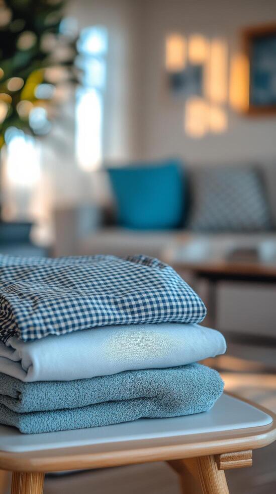 A stack of neatly folded fabrics in a cozy living room with a warm atmosphere photo