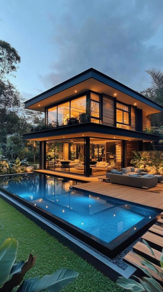 Modern two story house with a pool surrounded by lush greenery at twilight photo