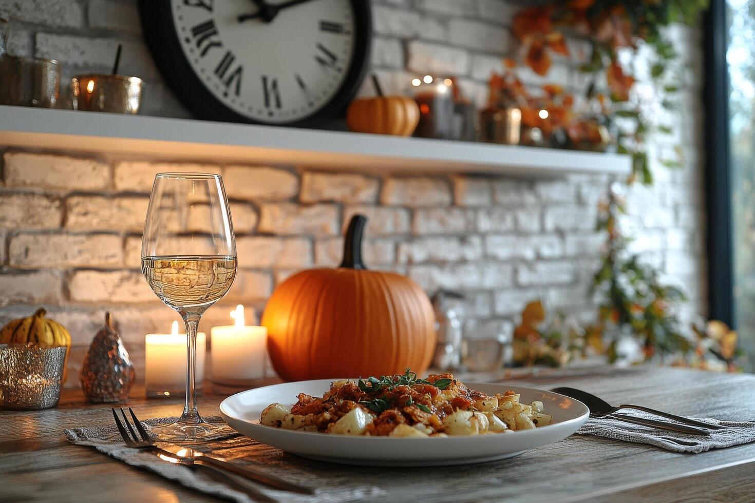 Elegant autumn dinner setting with roasted cauliflower and decorative pumpkins in warm light photo