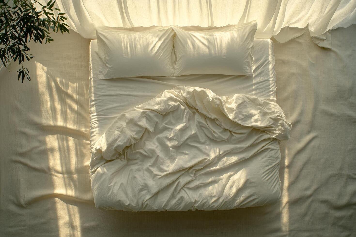 Comfortable unmade bed with white linens and pillows on wooden floor in a bright room photo