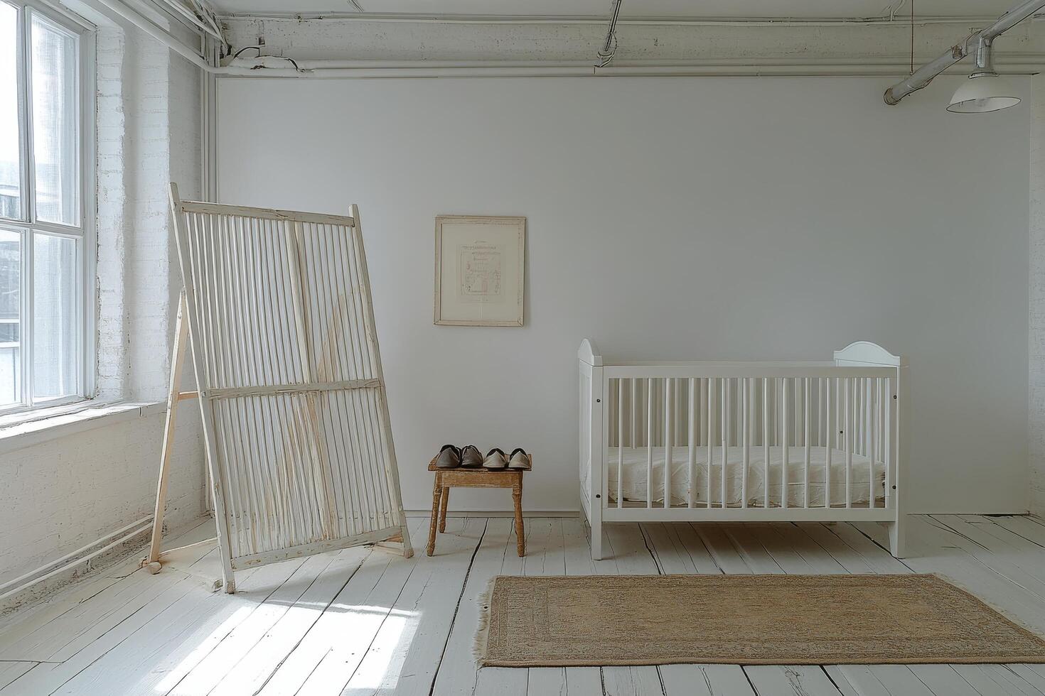 Simple and serene baby nursery with natural light, white crib, and cozy decor in a calm setting photo