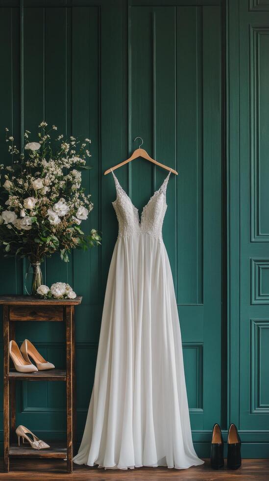 Elegant wedding dress displayed with floral bouquet and shoes in a serene green room setting photo