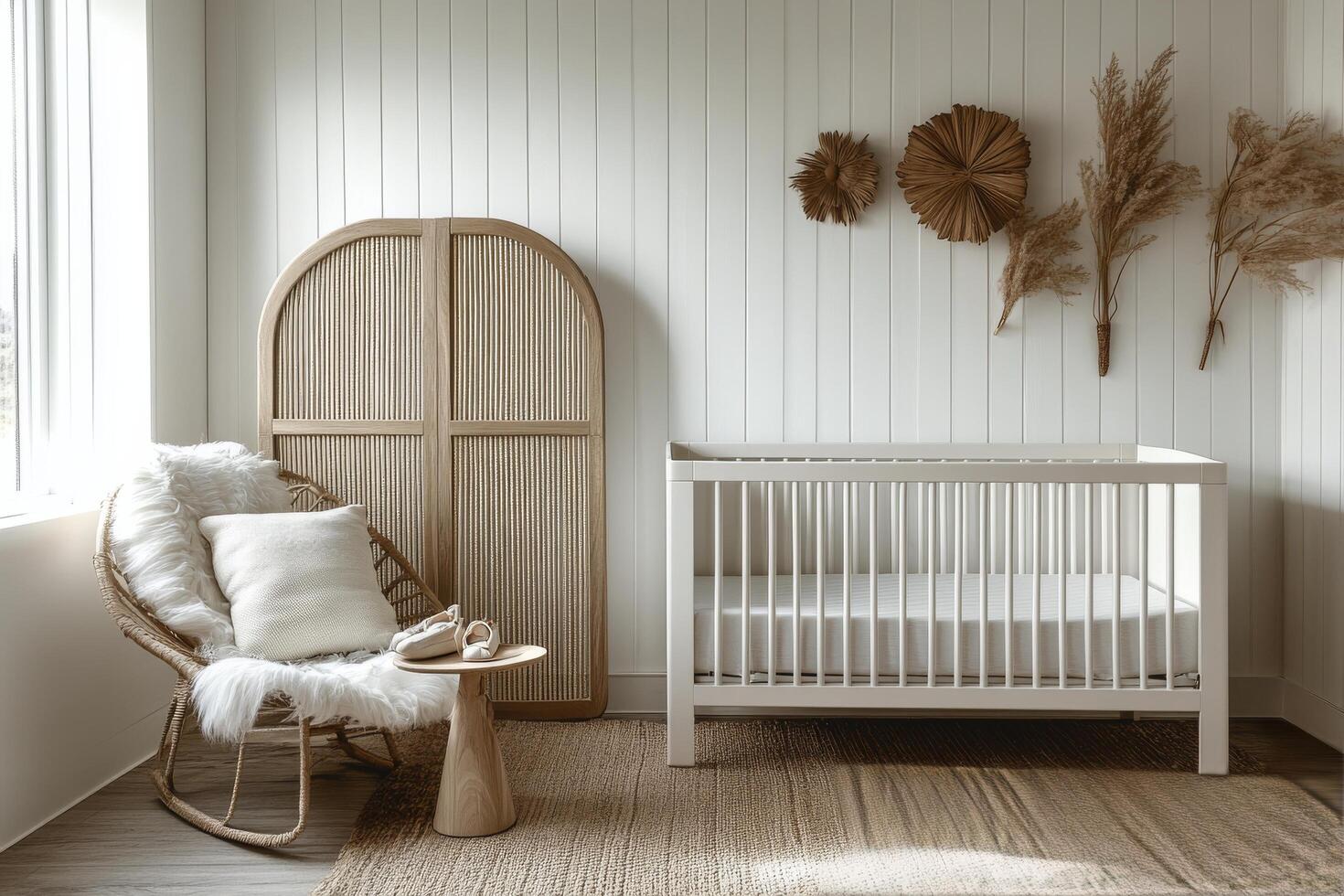 Simple and serene baby nursery with natural light, white crib, and cozy decor in a calm setting photo