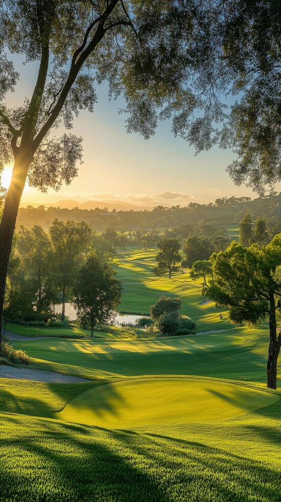 Serene morning sunlight illuminates a well manicured golf course in natures embrace photo