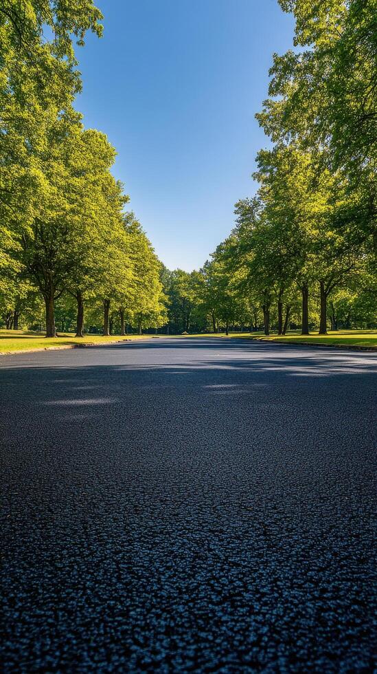 Serene tree lined road beckoning peaceful walks in a sunny park setting during afternoon hours photo