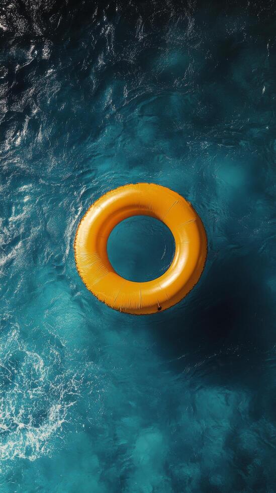 A bright yellow float ring floats on clear blue water during a sunny day at the pool photo