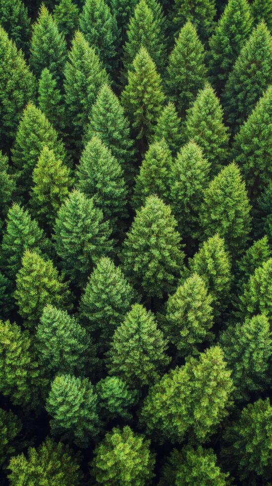 Lush green coniferous forest landscape taken from above during daylight photo