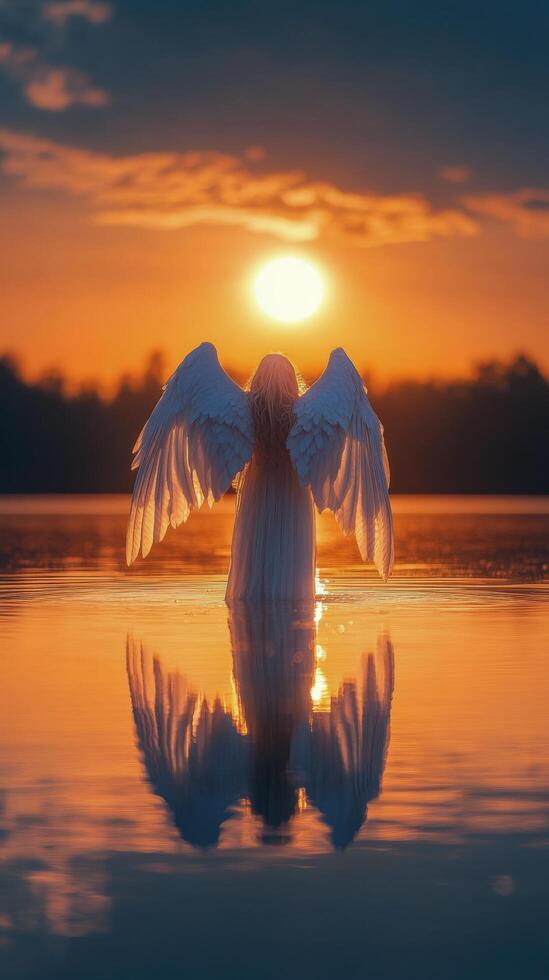 An angel figure stands in a calm lake, reflecting the golden sunset on the horizon photo