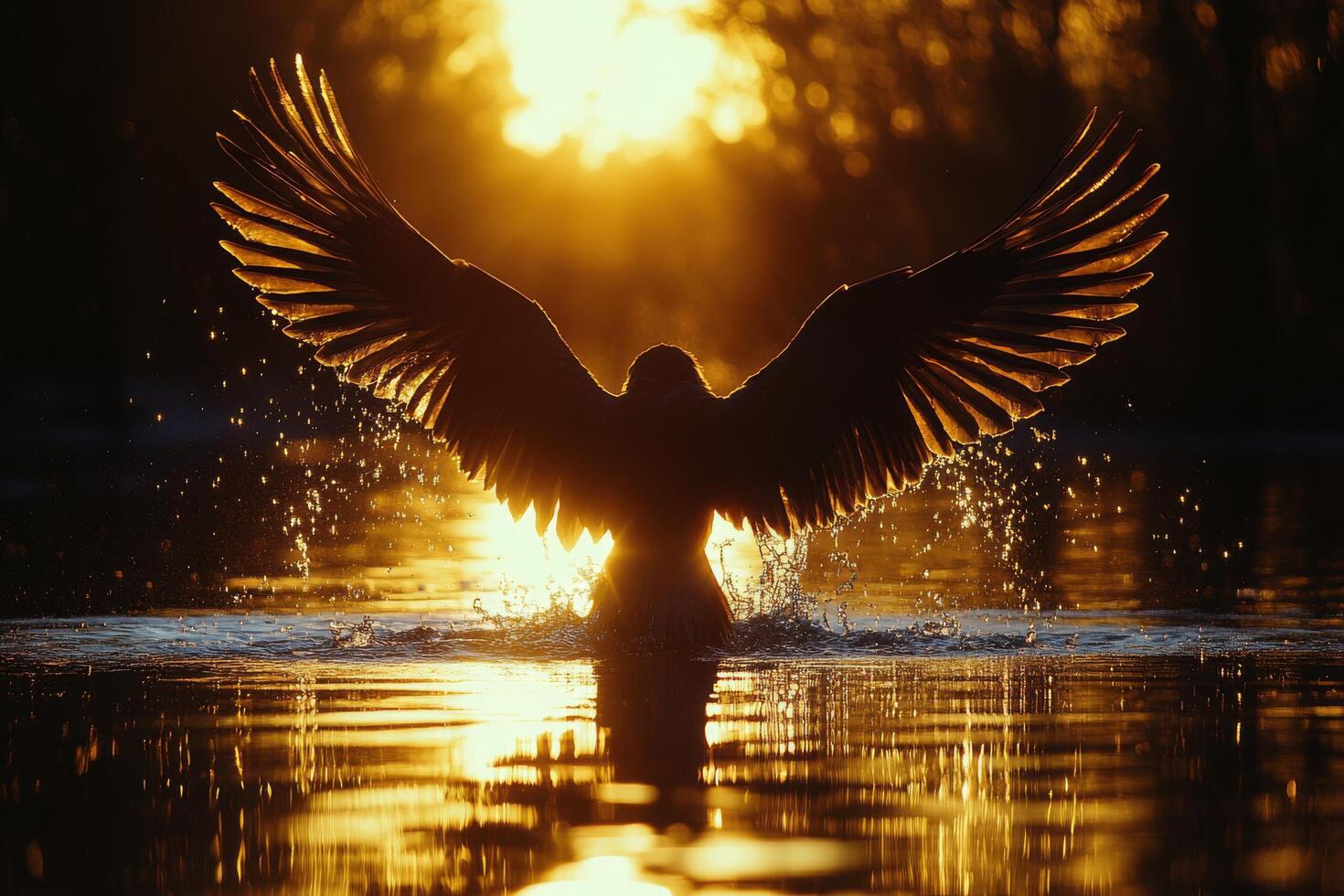 Majestic bird with outstretched wings illuminated by sunlight over a serene water surface photo
