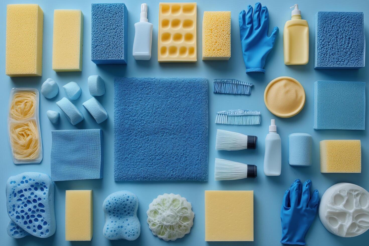 A collection of various blue cleaning supplies arranged neatly on a flat surface for organization photo