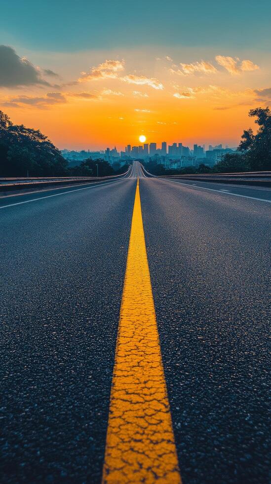 Sunset view of Toronto skyline with the CN Tower from a wide road in the foreground photo