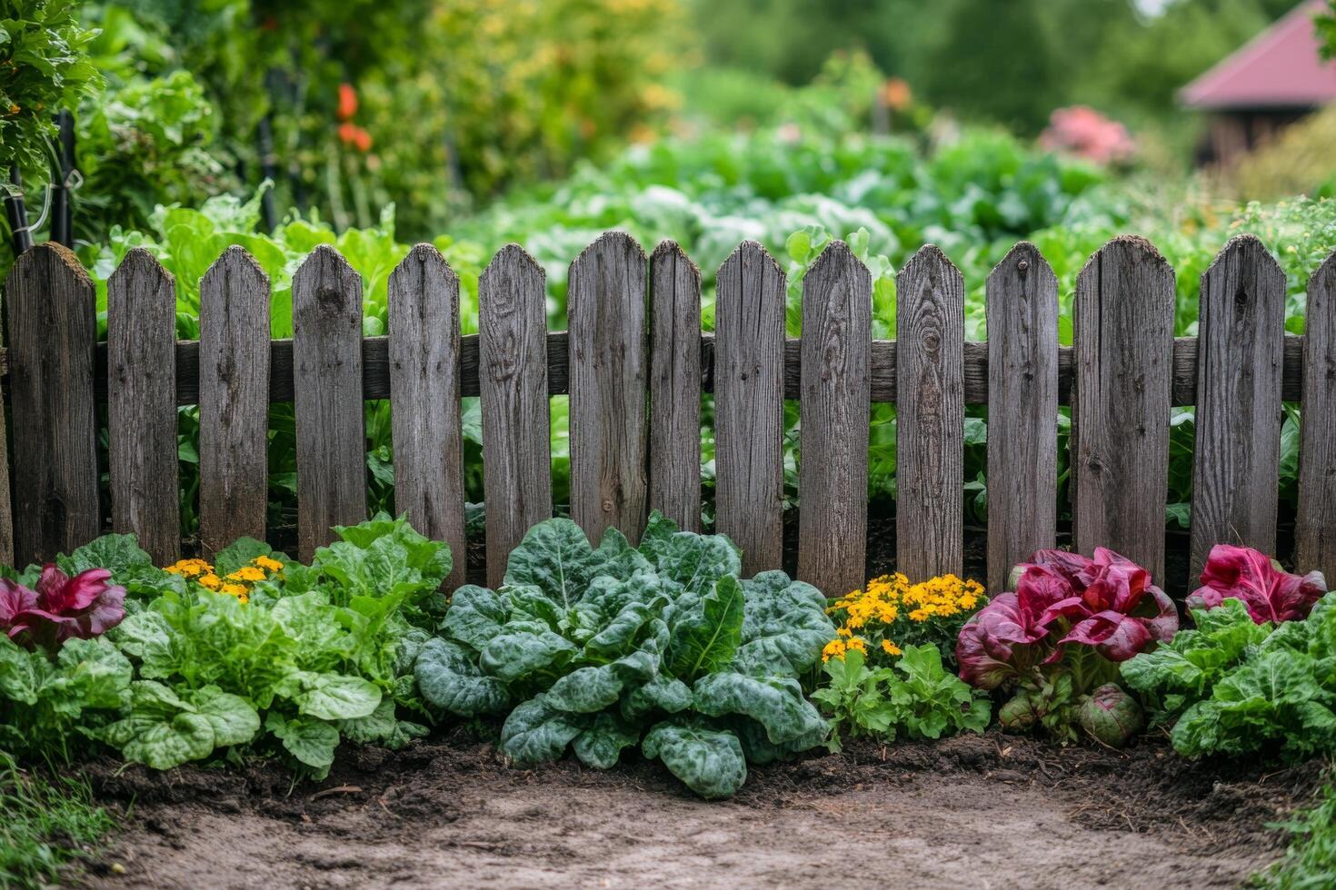 Vibrant garden with colorful flowers and lush vegetables in a rural landscape during daylight photo