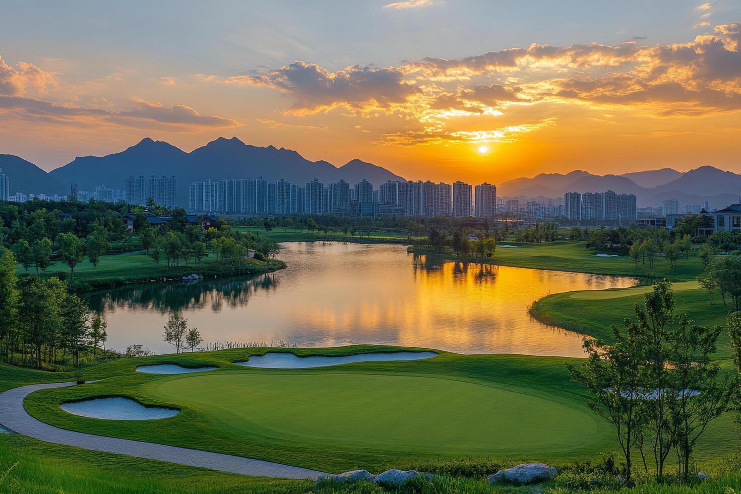 Scenic view of a tranquil lake at sunset with mountains and city skyline in the background photo