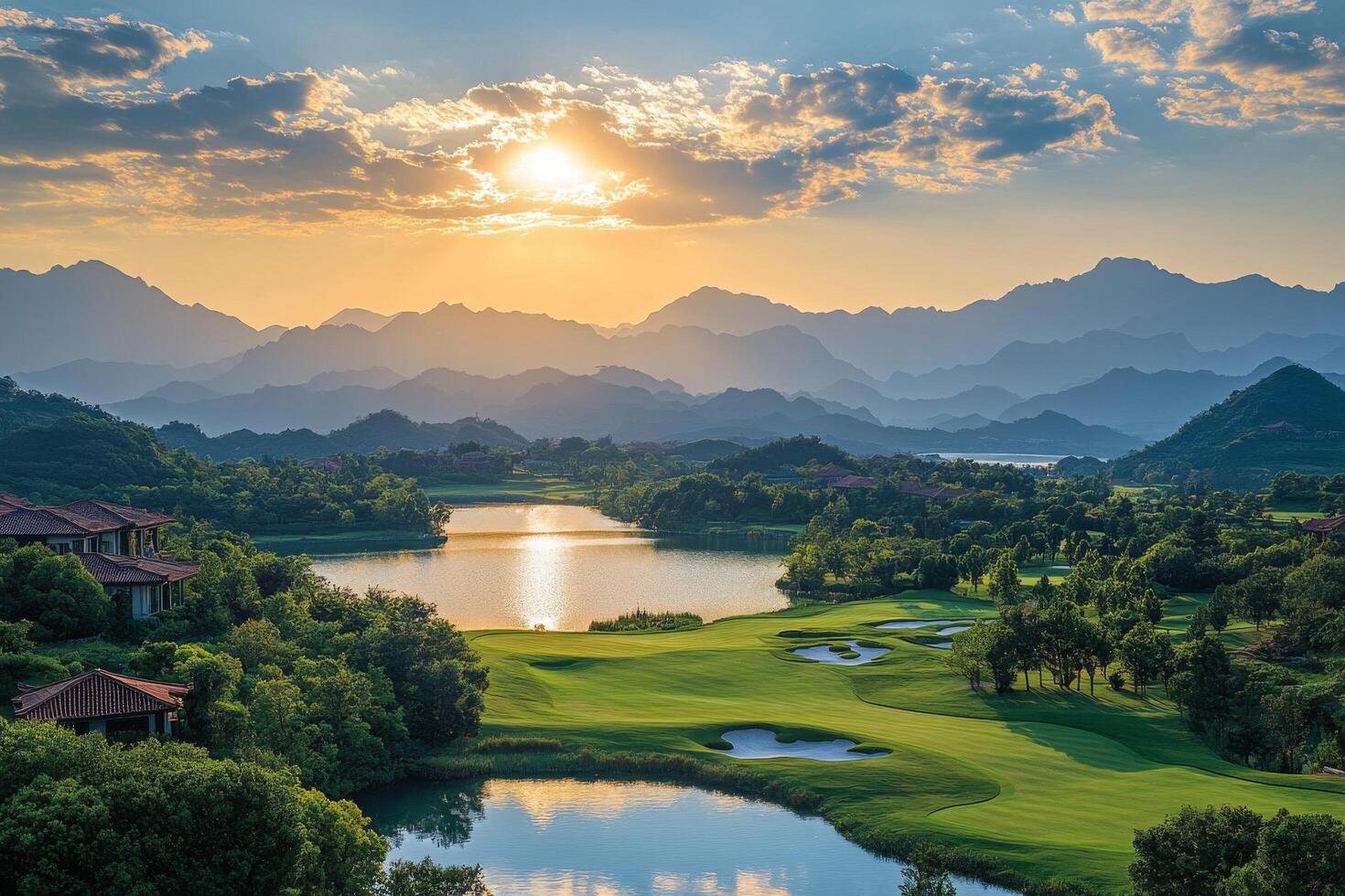 Scenic view of a tranquil lake at sunset with mountains and city skyline in the background photo