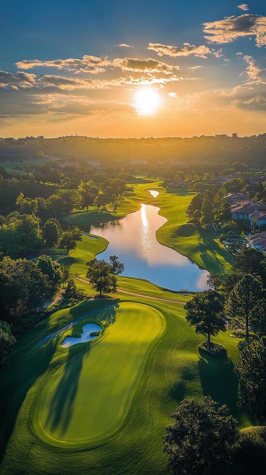 Stunning sunset over a serene golf course with water features and lush greens in the distance photo