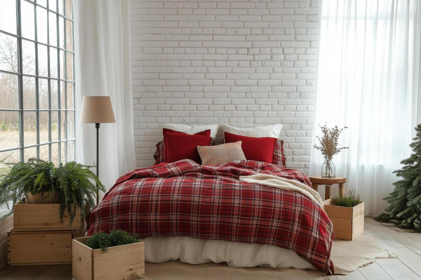 Cozy bedroom decorated for winter with plants and festive accents by a large window photo