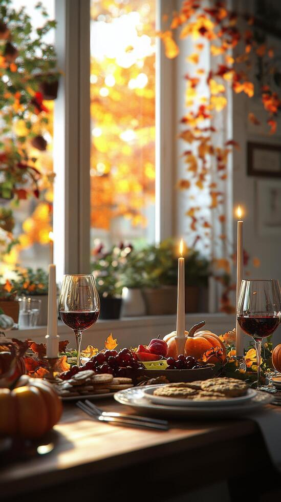 A cozy autumn table setting with wine, fruits, and seasonal decorations near a bright window photo