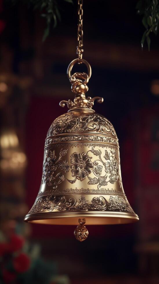 Ornate bell hangs delicately in a warm, vibrant indoor space for the holidays photo