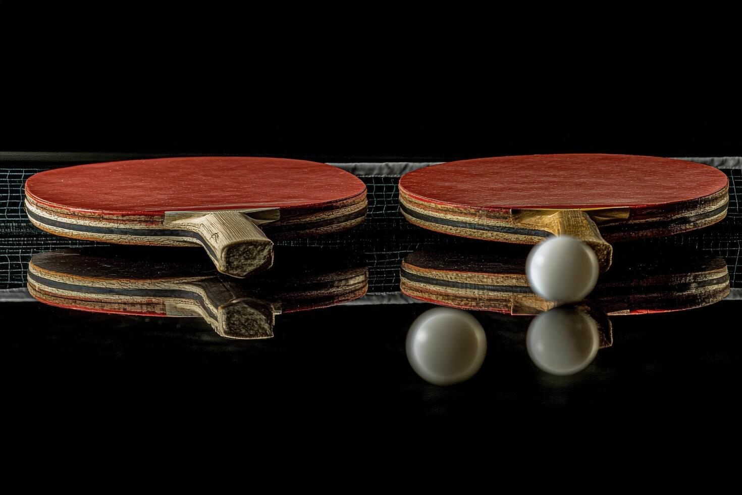 A close view of a table tennis game in progress with balls and net under dramatic lighting photo