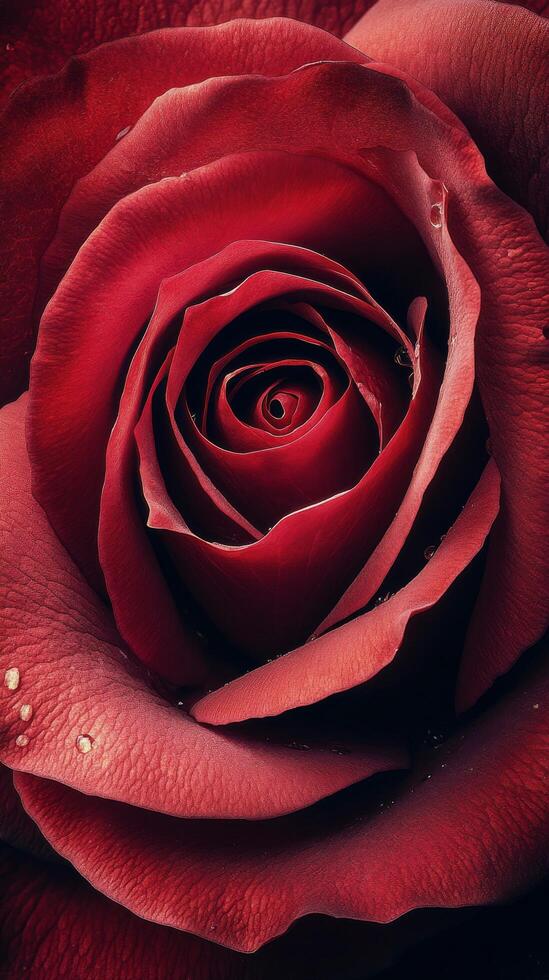 Close up view of a red rose showcasing intricate petal details and vibrant colors photo