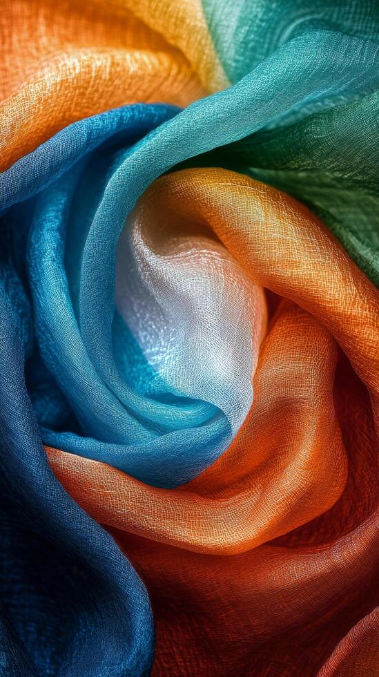 A vibrant close up of silk fabric arranged in a spiral with colors of orange, white, and green photo