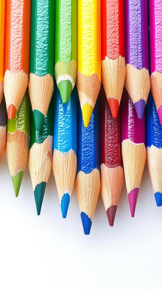 Brightly colored pencils arranged in a circular pattern on a white background for creative projects photo