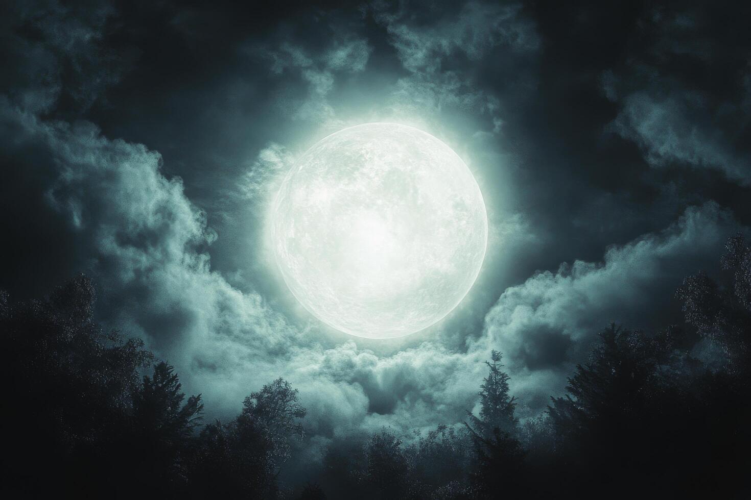 A bright full moon surrounded by dramatic clouds over a dark landscape at night photo