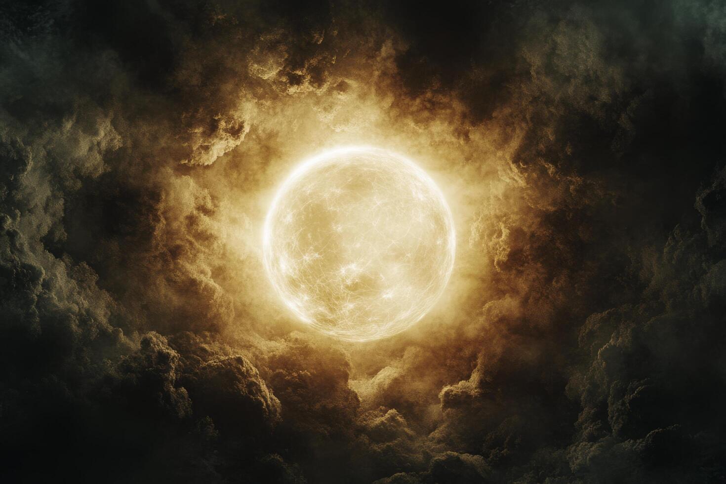 A bright full moon surrounded by dramatic clouds over a dark landscape at night photo