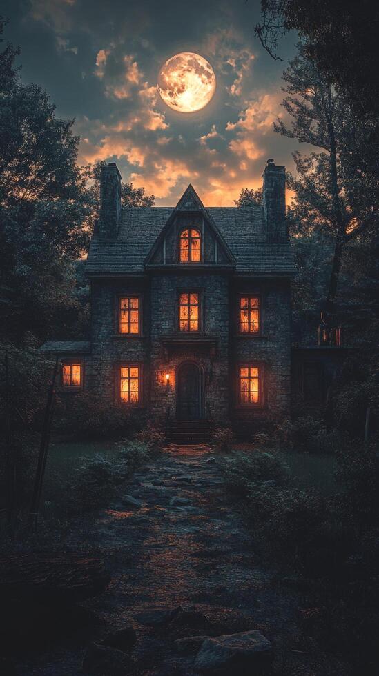 An eerie old house illuminated by a full moon surrounded by dark trees at night photo