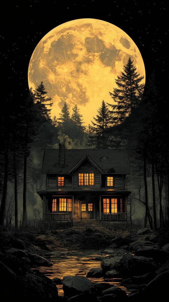 An eerie old house illuminated by a full moon surrounded by dark trees at night photo