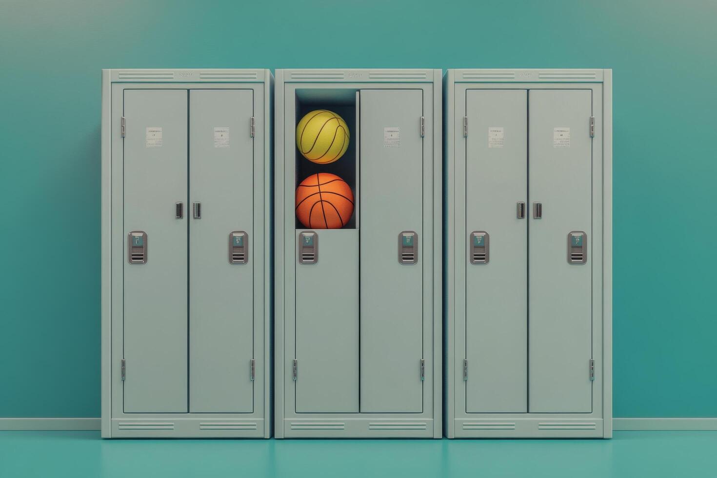 Simple locker storage with basketballs against a light blue background in a gym setting photo