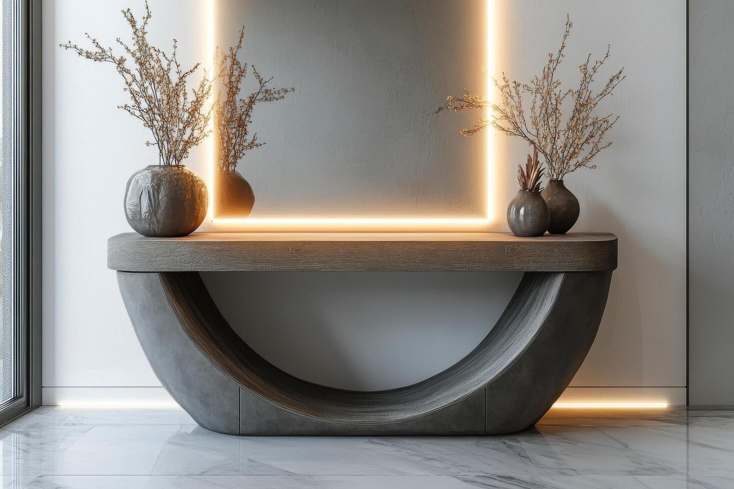 A contemporary console table is styled with a round mirror and two vases, set against a neutral wall photo