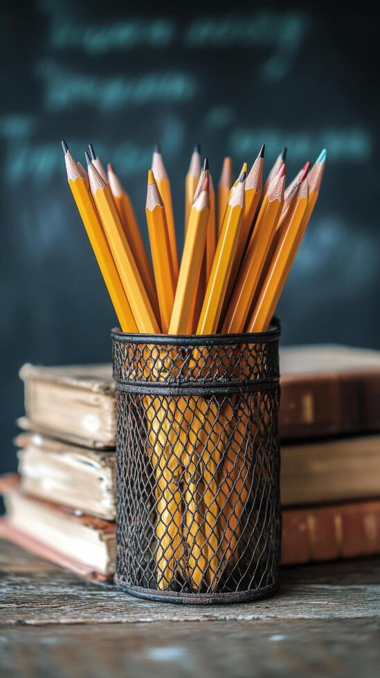 A collection of sharpened yellow pencils arranged in a green can on a wooden desk in a classroom photo