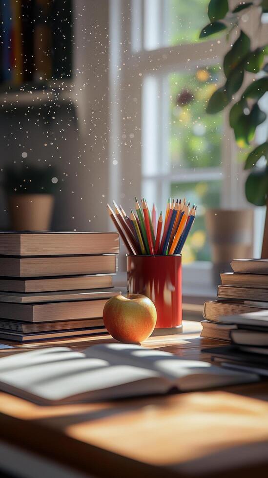 A cozy study corner featuring books, stationery, and a red apple next to the window on a rainy day photo