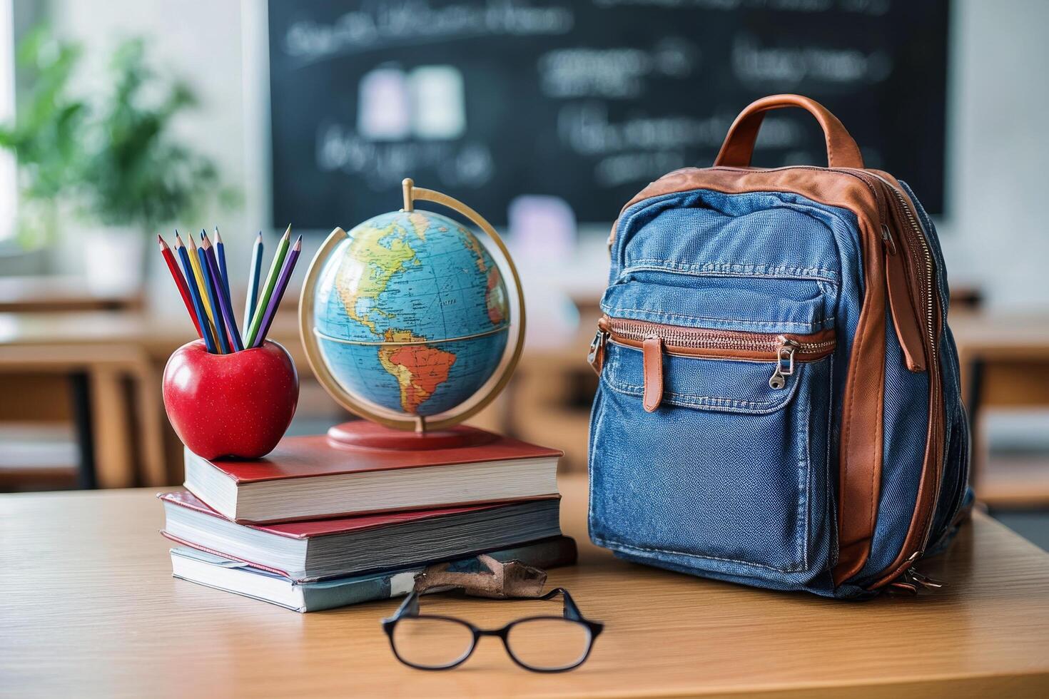 Colorful backpack with world map design sits on a wooden table beside globe and books in a classroom photo