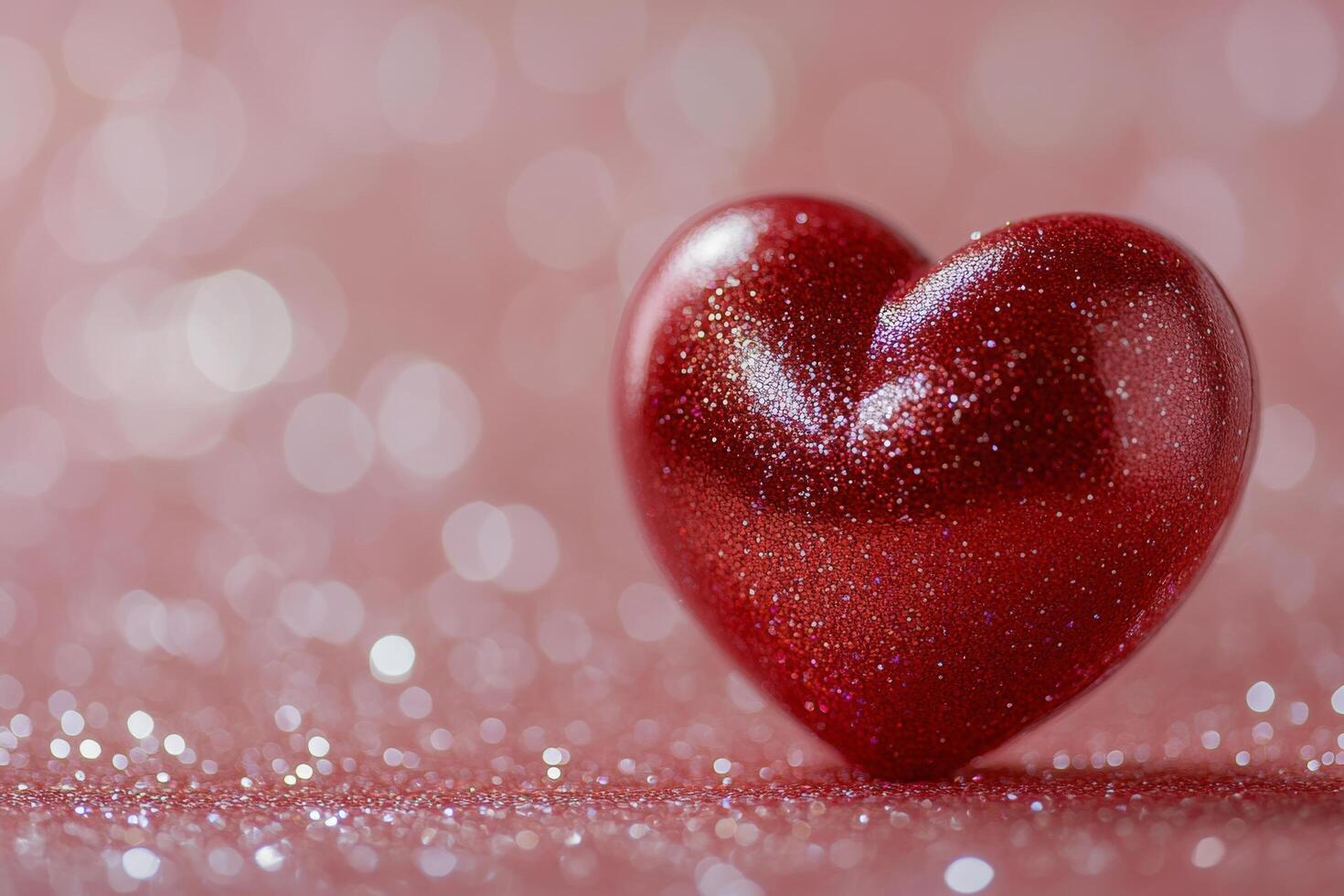 Shiny red glitter heart on a soft pink background with soft bokeh effects during daylight photo