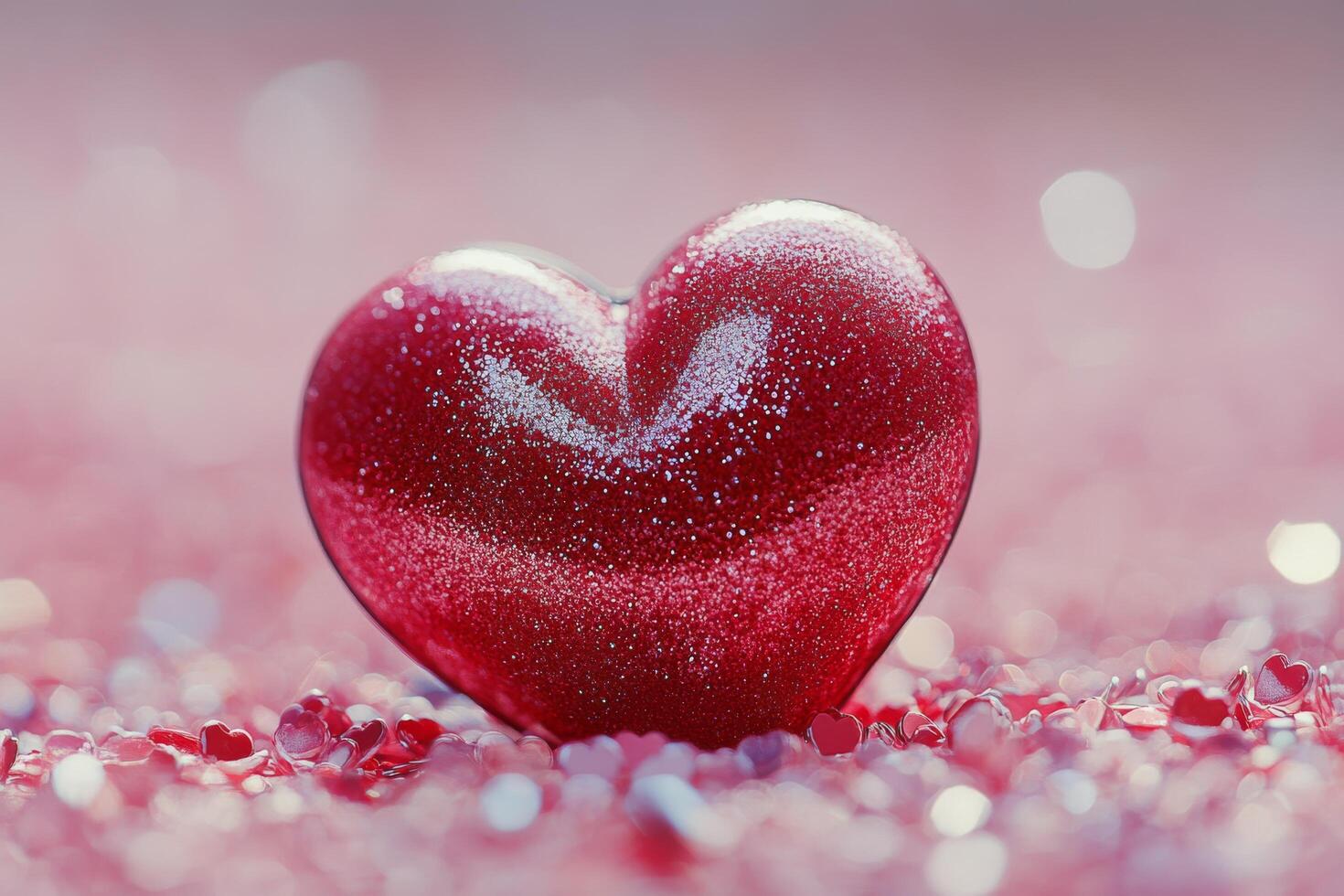 Shiny red glitter heart on a soft pink background with soft bokeh effects during daylight photo