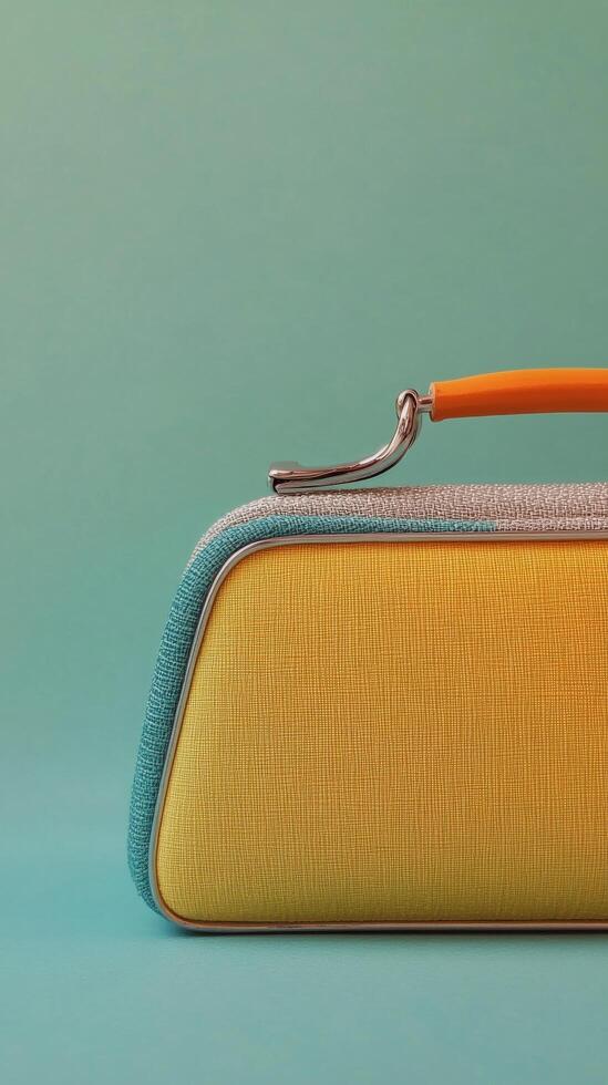 A close up view of a stylish yellow clutch purse with pleats and metallic clasp photo