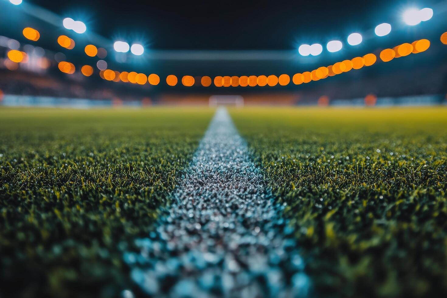 A close up view of a soccer field at night with vibrant stadium lights illuminating the grass photo