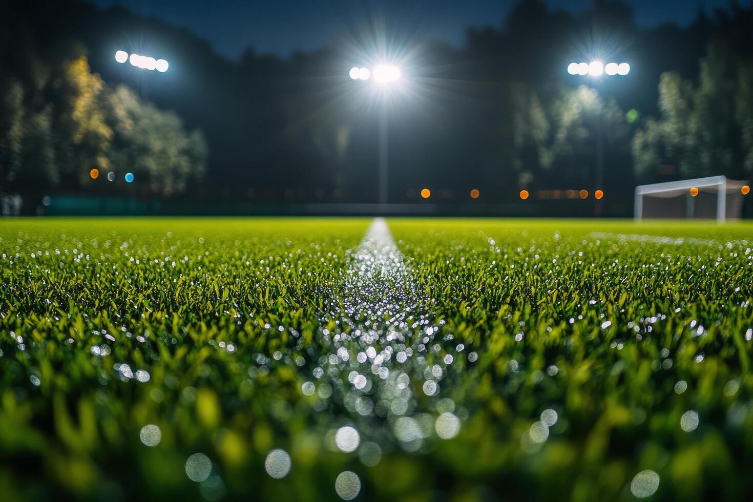 A close up view of a soccer field at night with vibrant stadium lights illuminating the grass photo