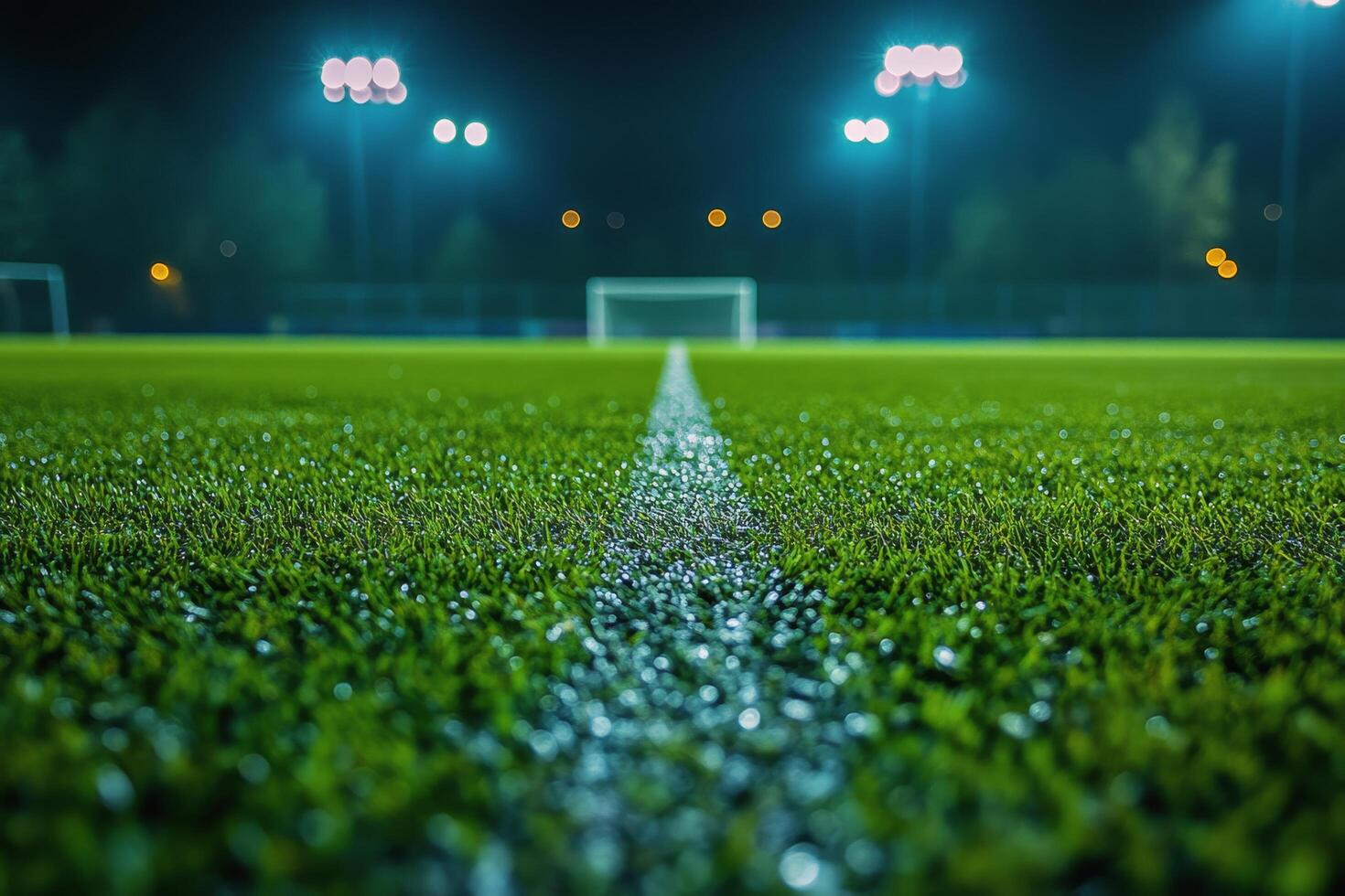 A close up view of a soccer field at night with vibrant stadium lights illuminating the grass photo