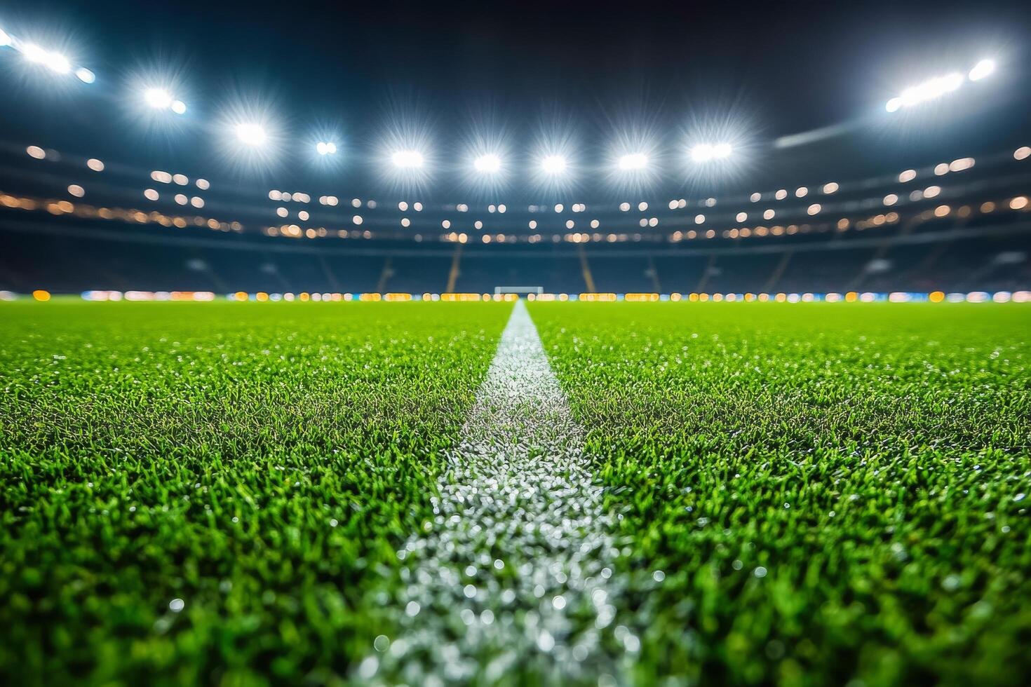 A close up view of a soccer field at night with vibrant stadium lights illuminating the grass photo