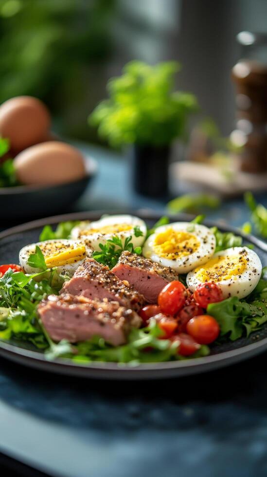 Fresh garden salad with tuna, boiled eggs, and cherry tomatoes in a bright setting photo