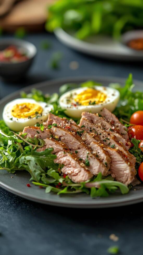 Fresh garden salad with tuna, boiled eggs, and cherry tomatoes in a bright setting photo