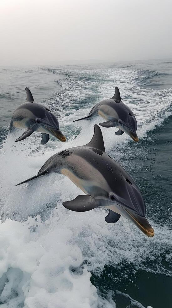 Dolphins leap through the waves near a boat in a foggy ocean setting during a calm morning photo